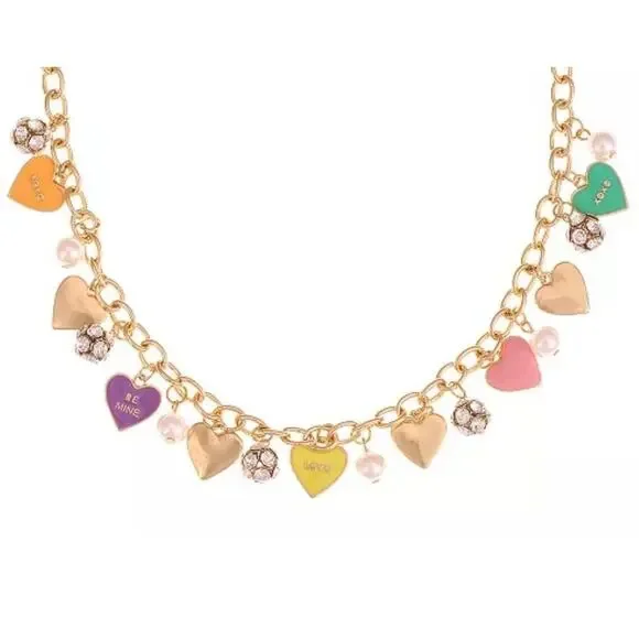 Gold Tone Heart Charm Necklace Crystal Faux Pearl Trendy Fashion Chic Style NWT - Picture 2 of 8